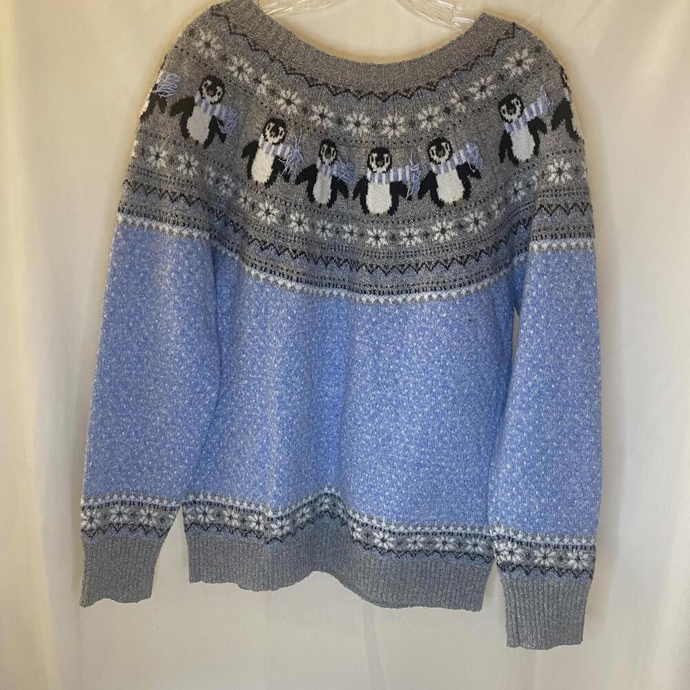 Holiday Time Womans XXL Penguin Blue Gray Fair Isle Soft Knit Crewneck Sweater